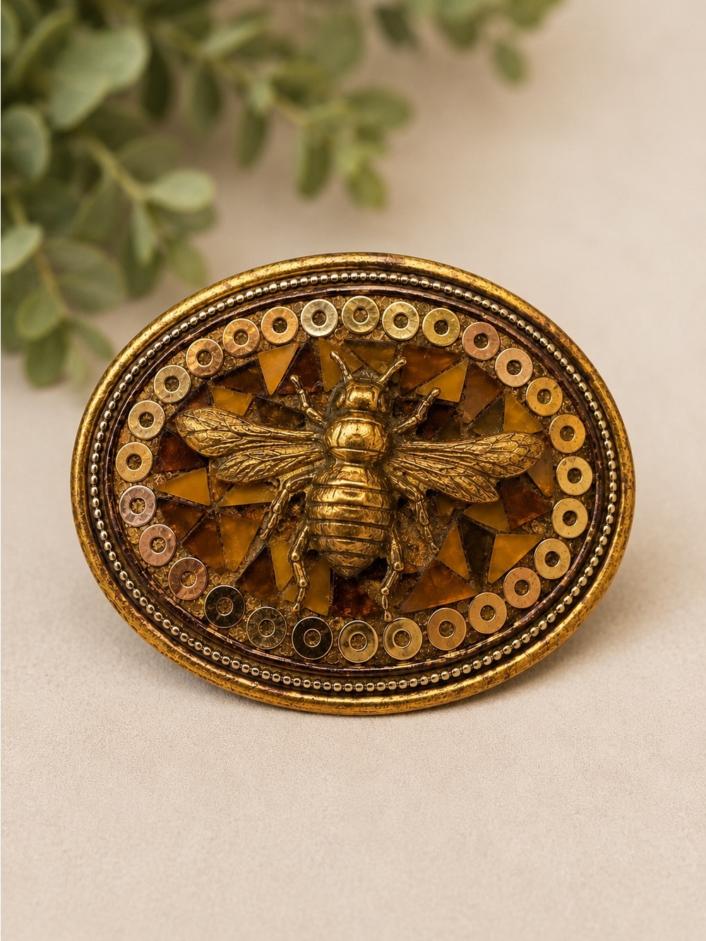 Handmade Mosaic Bee Belt Buckle Gold Tone Amber Glass Artisan Western Boho